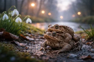 Start van de paddentrek in het vroege voorjaar